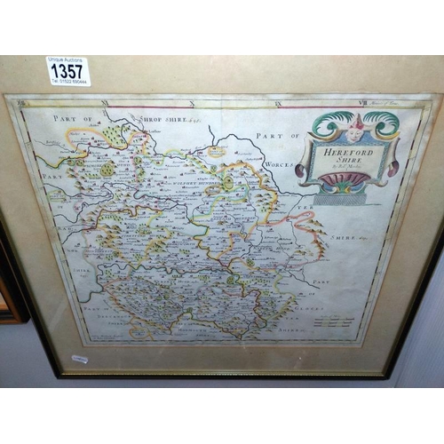 1357 - A framed map of Herefordshire by Robert Morden. 54.5cm x 50.5cm, Map 43cm x 37cm. COLLECT ONLY.