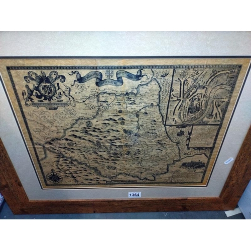 1364 - A vintage framed map of Durham. Frame 72 cm x 61cm, Map 48cm x 37cm.  COLLECT ONLY.