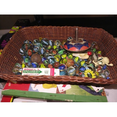 1368 - A quantity of vintage Top Trump cards and a bag of vintage marbles