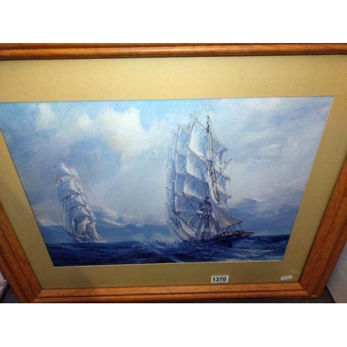 1370 - A framed and glazed print of two ships at sea. 70.5cm x 60.5cm. COLLECT ONLY.