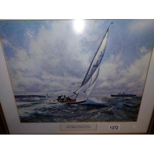 1372 - A framed and glazed print. The Queen aboard Britannia, Prince Philip on a yacht at Cowes.  COLLECT O... 