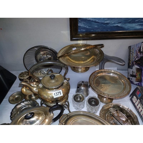 1375 - A quantity of 19/20th Century silver plate including tureen, kettle on stand etc