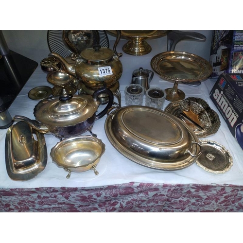 1375 - A quantity of 19/20th Century silver plate including tureen, kettle on stand etc