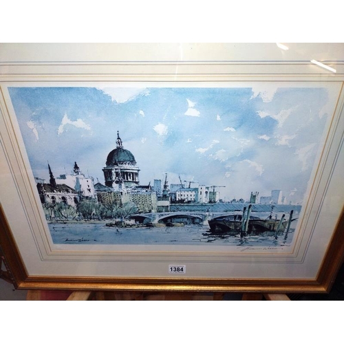 1384 - A large gilt frame print of St Pauls Cathedral from the Thames. 73cm  57cm, COLLECT ONLY.