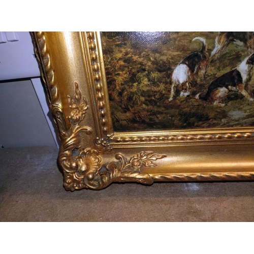 1387 - A large gilt framed varnished print on canvas of An Autumn meeting, hunt scene by Heywood Harvey.91c... 