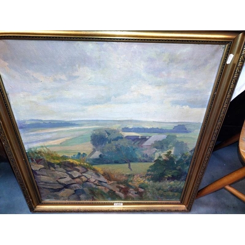 1391 - A large gilt framed oil on canvas of farmland. signed E. Giessing. 76cm x 71cm. COLLECT ONLY.