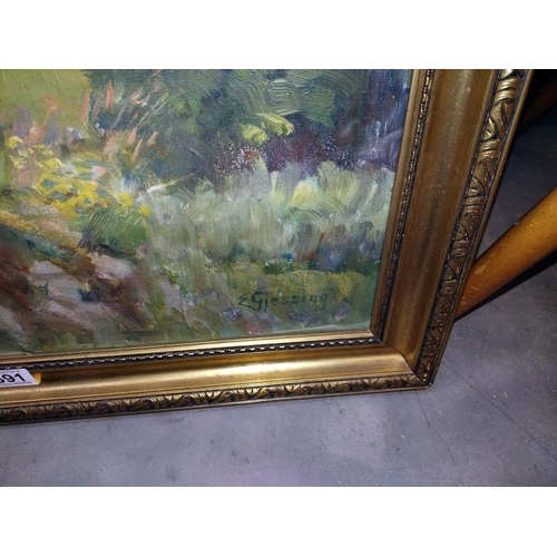 1391 - A large gilt framed oil on canvas of farmland. signed E. Giessing. 76cm x 71cm. COLLECT ONLY.