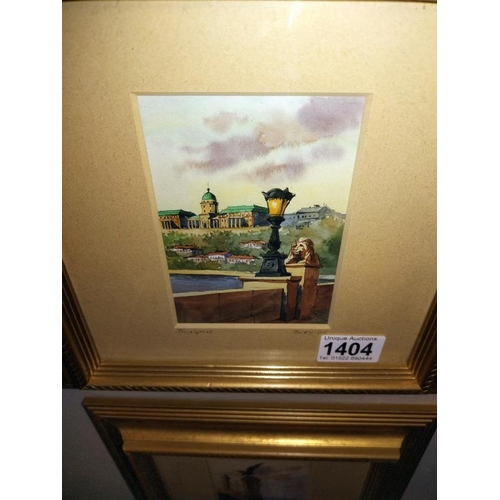 1404 - Two glazed and gilt framed watercolour pictures of Budapest scenes by unknown. Both 28cm x 28cm. COL... 