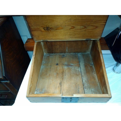 1405 - A vintage pine writing desk top. 38.5cm x 38cm.5cm x 19 cm and a longbow arrow box 74cm x 11cm x 5cm... 