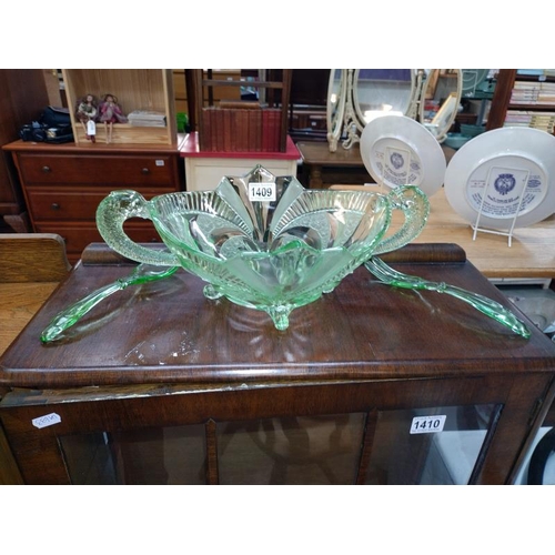 1409 - A large Art Deco green glass serving bowl with servers.