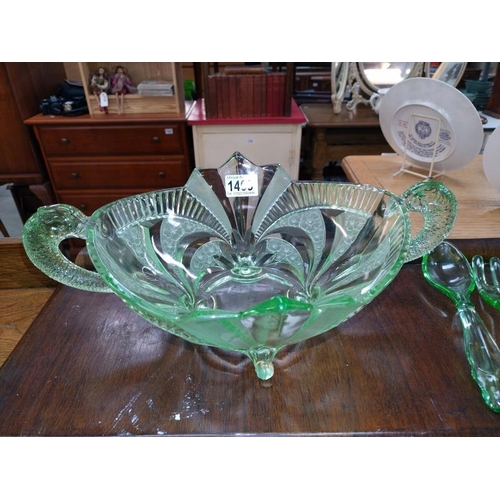 1409 - A large Art Deco green glass serving bowl with servers.