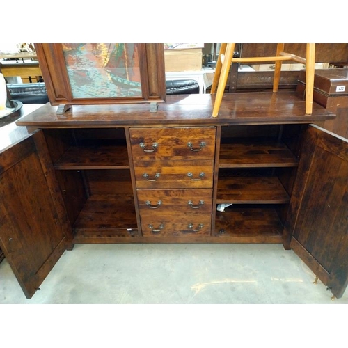 1421 - Dark Wood stained kitchen unit with two cupboards and four drawers. 140cm x 45cm x height 81cm. COLL... 