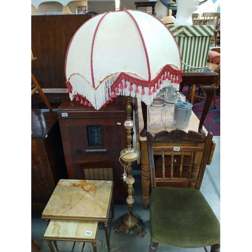 1424 - A vintage gilded white metal and Onyx floor standing standard lamp and shade. Height 148cm. COLLECT ... 