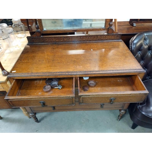 1431 - An Edwardian oak mirror back chest of drawers. 107cm x 52cm x 82cm. Mirror height 150cm, COLLECT ONL... 