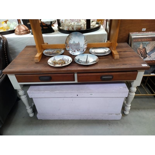 1435 - A dark stained pine kitchen table with two drawers on painted legs. 121 cm x 56cm x height 68cm. COL... 