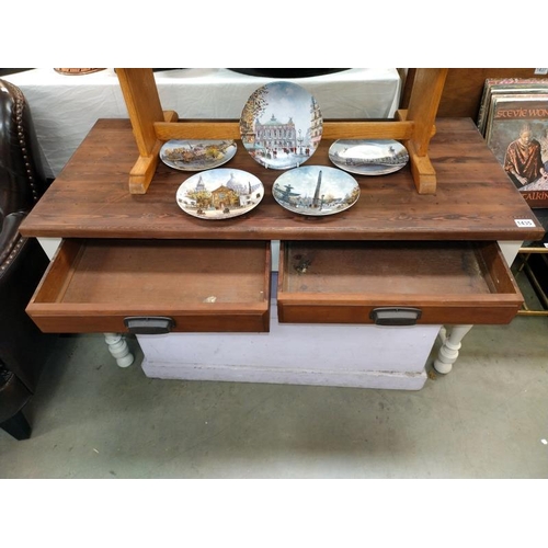 1435 - A dark stained pine kitchen table with two drawers on painted legs. 121 cm x 56cm x height 68cm. COL... 