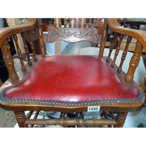 1450 - An ornate oak Carver chair with red leather seat. COLLECT ONLY.