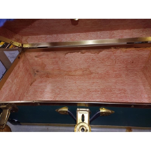 1479 - A green faux leather? Travel trunk with metal edges and contents etc. COLLECT ONLY.