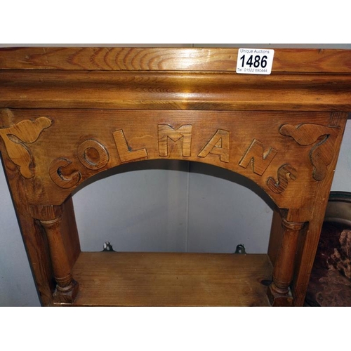 1486 - Pine kitchen shelves with Colmans lettering. 49cm x 17cm x height 96cm. COLLECT ONLY.