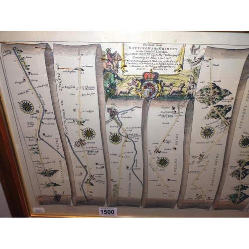 1500 - A framed and glazed map of The road from Nottingham to Grimsby. COLLECT ONLY.