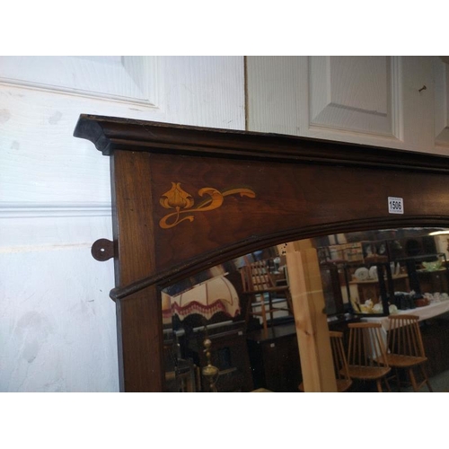 1506 - An Edwardian inlaid mahogany over mantle mirror with an art nouveau inlay. 104 cm x 64cm. COLLECT ON... 