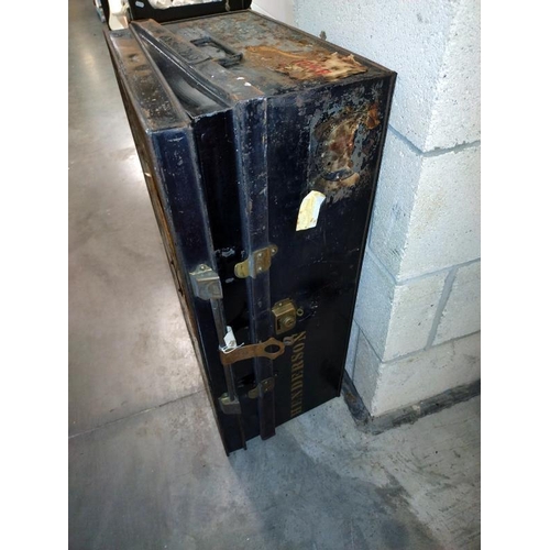 1533 - An old tin deed box trunk. 43cm x 77cm x 27cm. COLLECT ONLY.