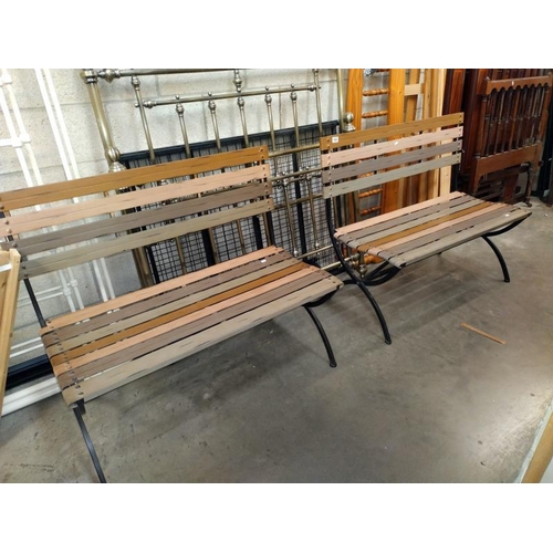 1545 - A pair of painted metal garden benches, wood effect seating bars. COLLECT ONLY.