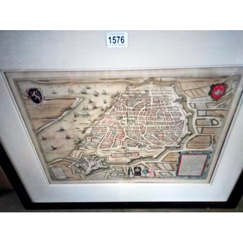 1576 - A framed map of 16th century Antwerp city wall art print. 73 cm x 61cm. COLLECT ONLY