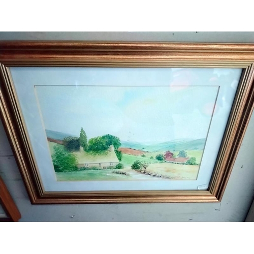 1578 - A watercolour of a hillside cottage by Betty Lewis and another unsigned of a cafe. 47cm x 37cm, 37 c... 