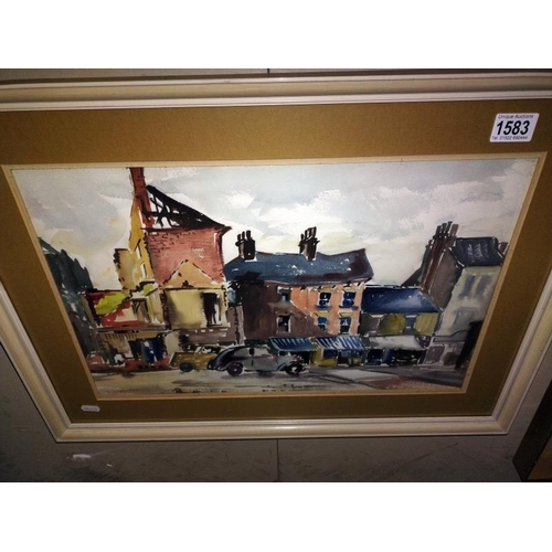 1583 - A 1950/60's watercolour of aa stylised street scene. 67cm x 49cm. COLLECT ONLY