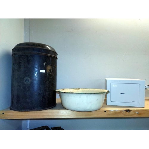 3 - A quantity of tin items including petrol can & an old safe without key COLLECT ONLY