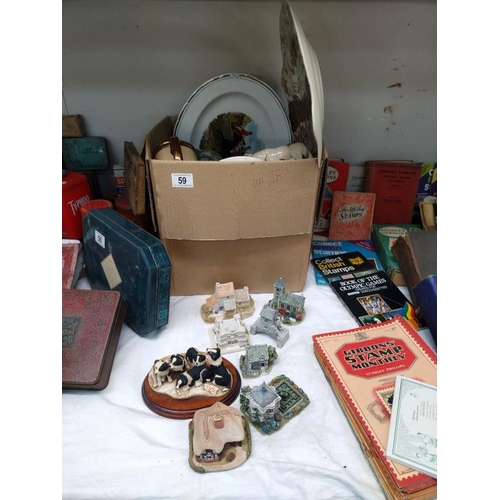 59 - A box containing interesting china including figures, animals & Lilliput Lane