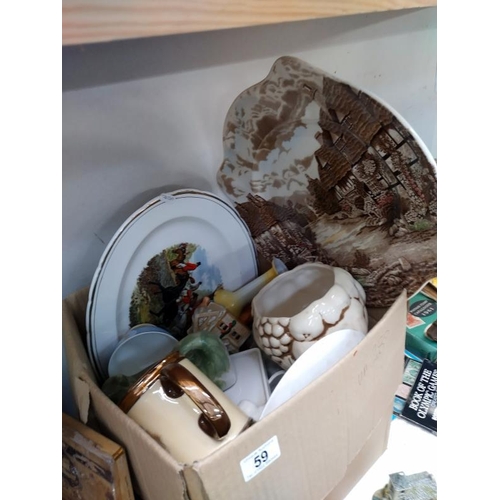 59 - A box containing interesting china including figures, animals & Lilliput Lane