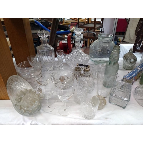 80 - A good lot of glassware including a ships decanter & an unusual goldfish bowl