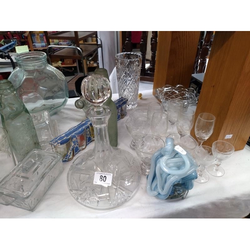 80 - A good lot of glassware including a ships decanter & an unusual goldfish bowl