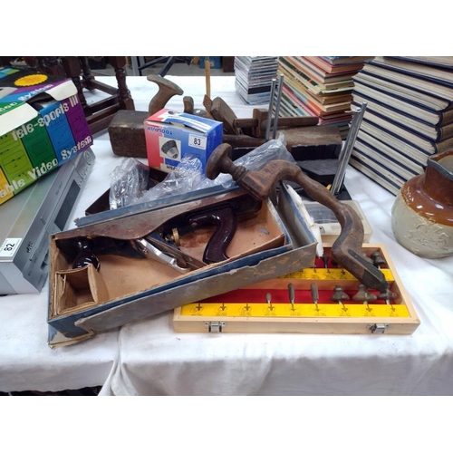 83 - A good lot of woodwork tools including a vintage brace & Stanley plane