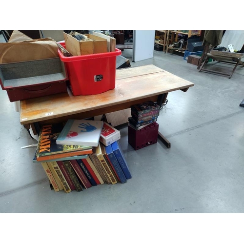 91 - A vintage double school desk with storage compartments, 112cm x 59cm x 65cm high