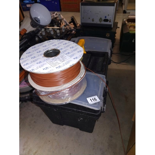 116 - A heavy duty tool box and 2 rolls of 0.75 brown insulated wire.