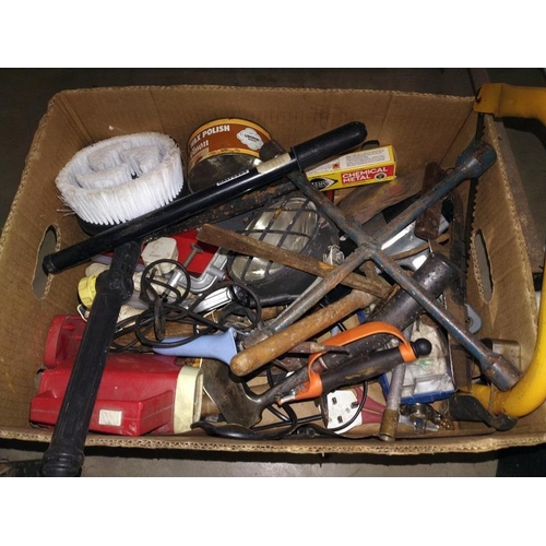 123 - A box of workshop sundries and a double 110v converter