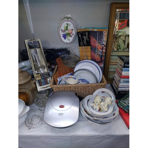 23 - A good selection of kitchenalia including new kettle, jelly moulds, enamel plates, etc