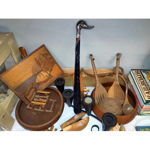 58 - A quantity of treen/wooden items including shoe lasts, boomerang, inlaid plaque etc