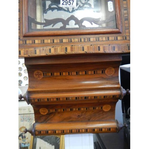 2957 - A good quality mahogany inlaid wall clock in good condition but missing pendulum, COLLECT ONLY.