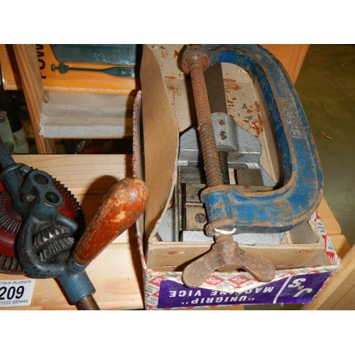 209 - 3 clamps, a hand drill, a hammer, a vice etc., COLLECT ONLY.