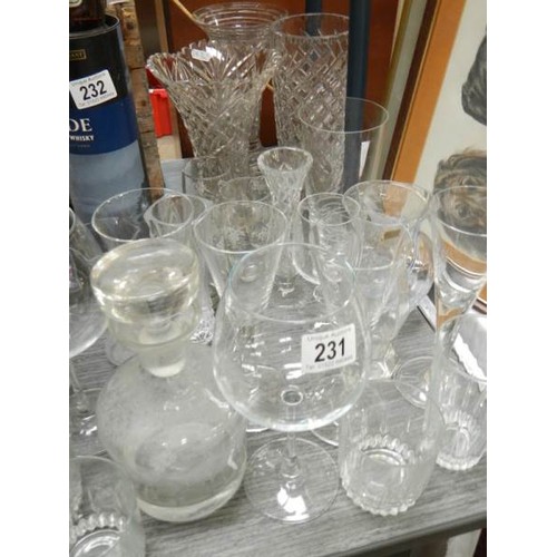 231 - 7 glass vases and a quantity of drinking glasses. COLLECT ONLY.