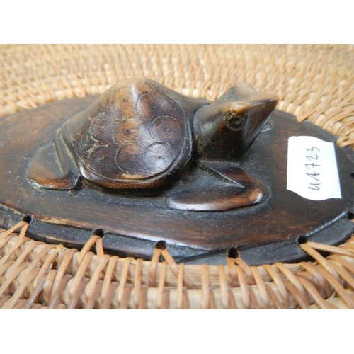 1011 - An unusual wicker oval box with carved wooden turtle on lid