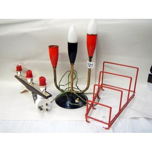 1021 - 3 retro items including candlestick, electric light & plate rack