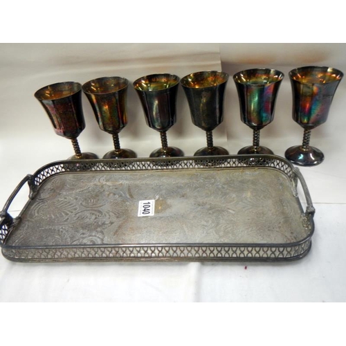 1040 - An old silver plater tray & goblets