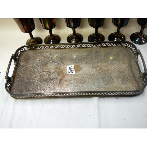 1040 - An old silver plater tray & goblets