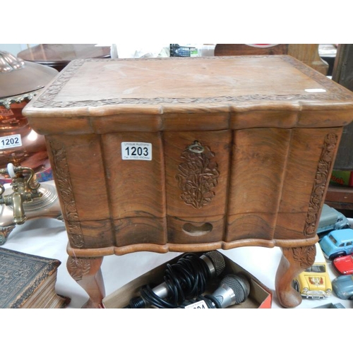 1203 - An early sewing box with drawer full of cottons etc.