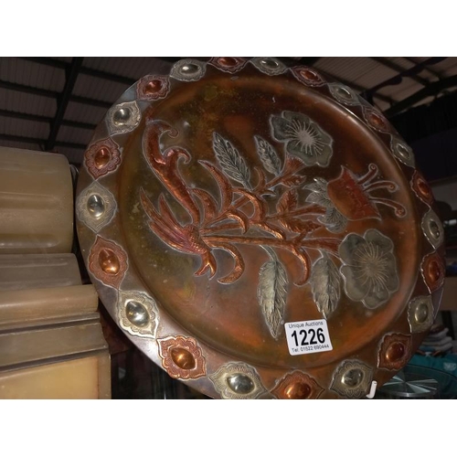 1226 - A large brass tray/wall plaque overlaid with relief white metal & copper flowers